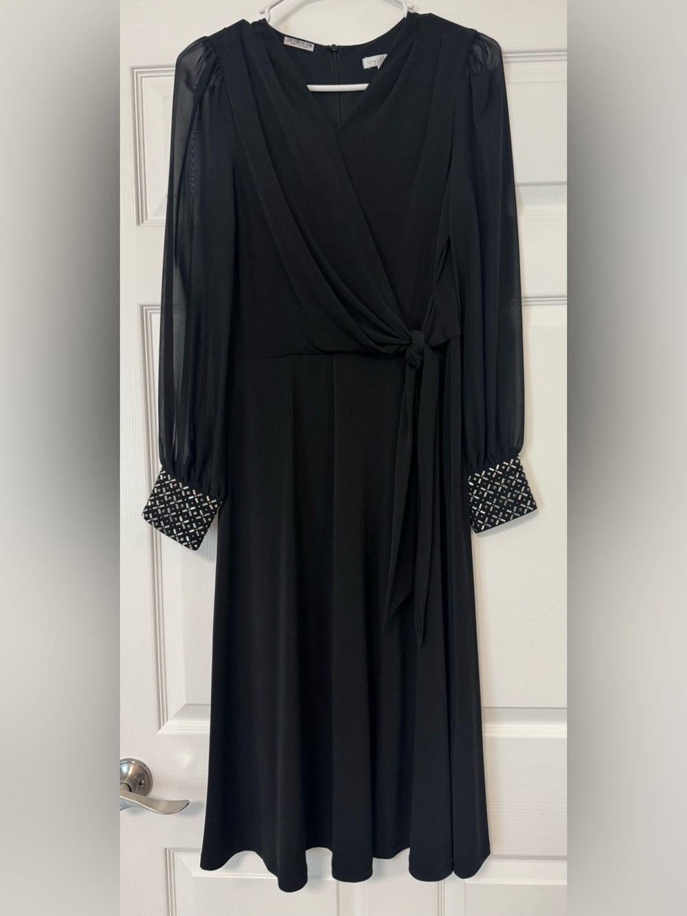 London Times Black Long Sheer Sleeves Faux Wrap Dress with Beaded Cuffs